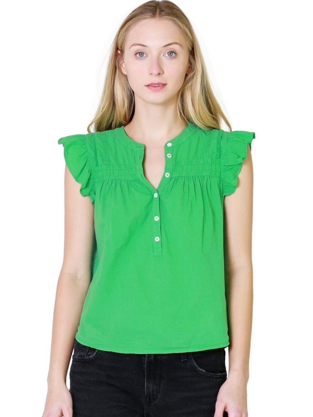 Xirena Luna Green Ruffle Sleeve Button-Front Blouse